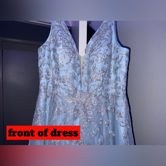 JVN Dress, Style #JVN07638 Light Blue, with silver and simmer designs all around - Picture 4 of 5